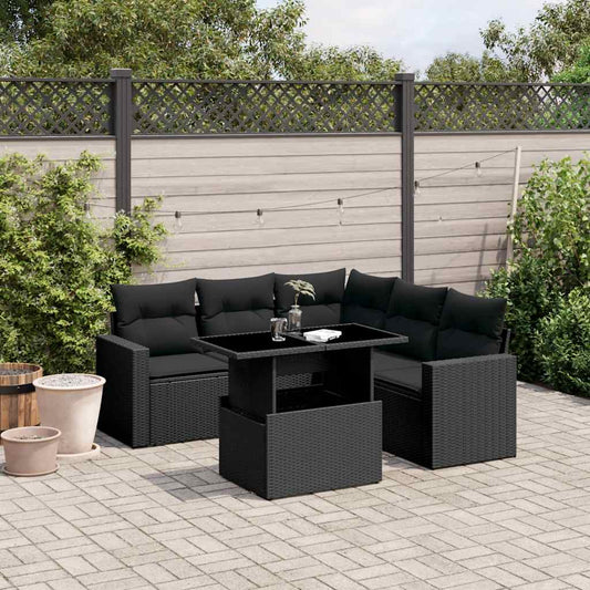 Salon de jardin 6 pcs avec coussins noir résine tressée