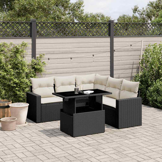 Salon de jardin 6 pcs avec coussins noir résine tressée