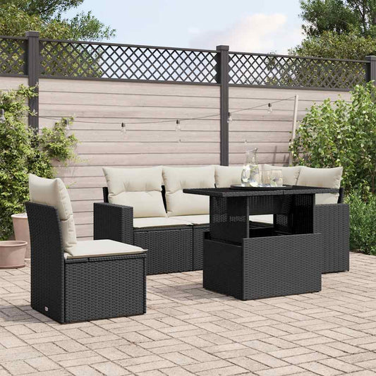 Salon de jardin 6 pcs avec coussins noir résine tressée