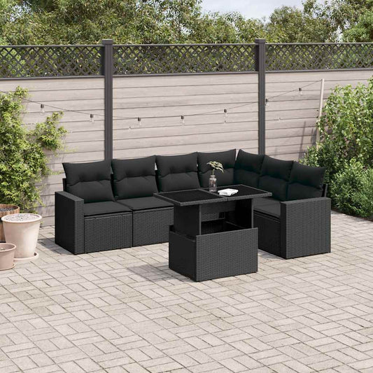 Salon de jardin 7 pcs avec coussins noir résine tressée