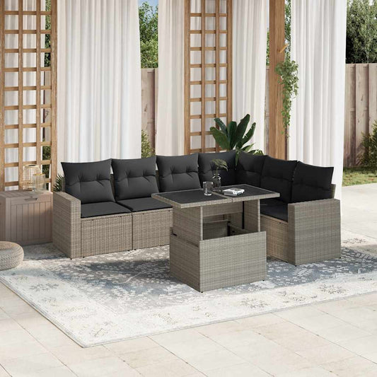 Salon de jardin avec coussins 7 pcs gris clair résine tressée