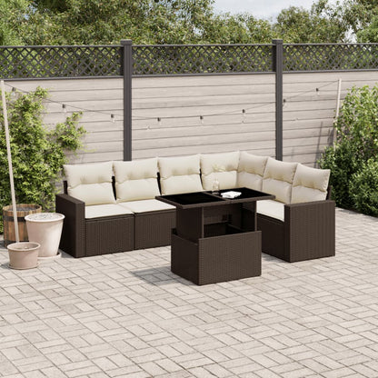 Salon de jardin avec coussins 7 pcs marron résine tressée