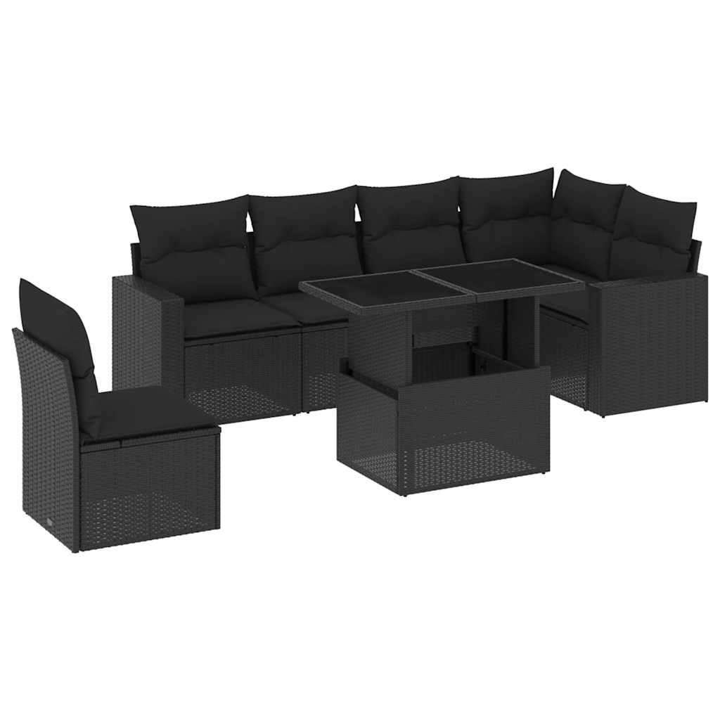 Salon de jardin 7 pcs avec coussins noir résine tressée