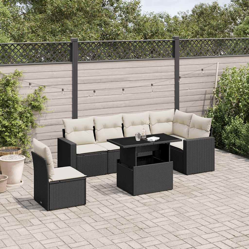 Salon de jardin 7 pcs avec coussins noir résine tressée