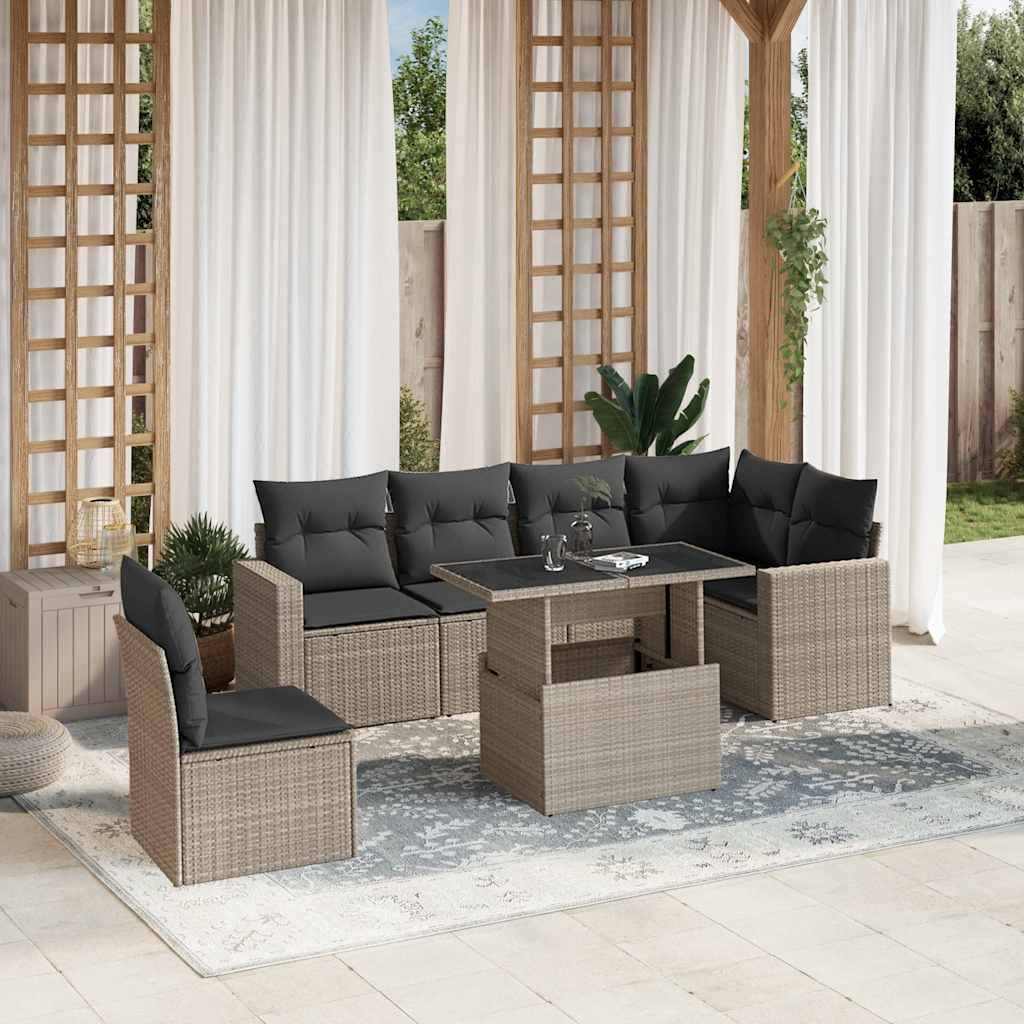 Salon de jardin avec coussins 7 pcs gris clair résine tressée