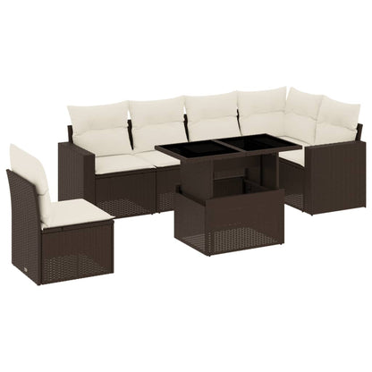 Salon de jardin avec coussins 7 pcs marron résine tressée