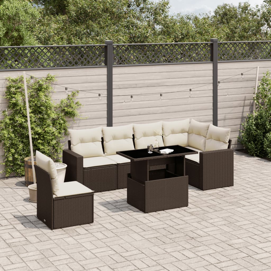 Salon de jardin avec coussins 7 pcs marron résine tressée