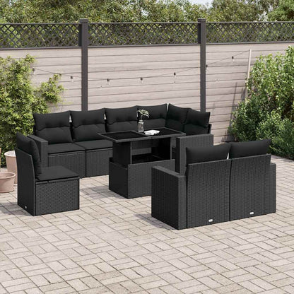 Salon de jardin 9 pcs avec coussins noir résine tressée