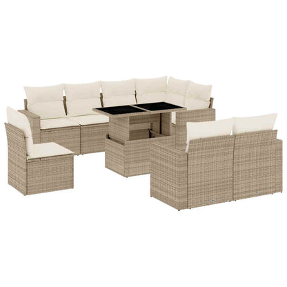 Salon de jardin avec coussins 9 pcs beige résine tressée