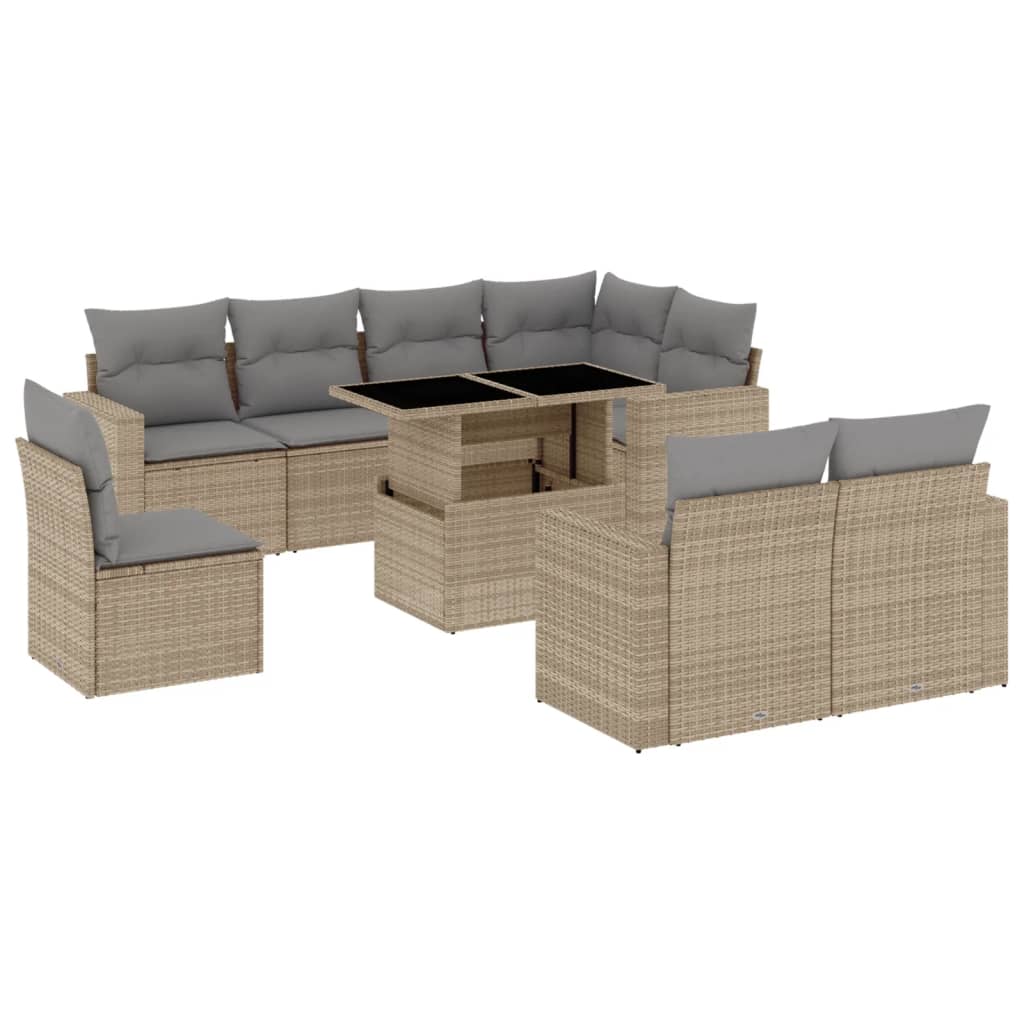 Salon de jardin avec coussins 9 pcs beige résine tressée