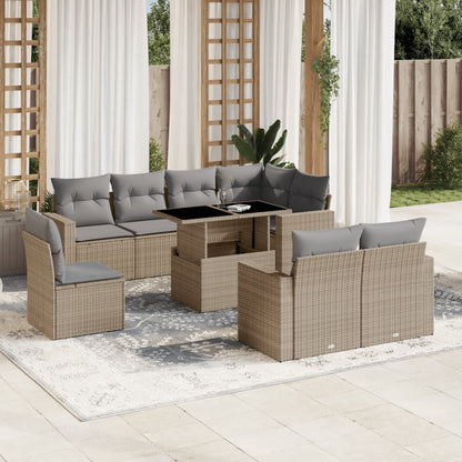 Salon de jardin avec coussins 9 pcs beige résine tressée