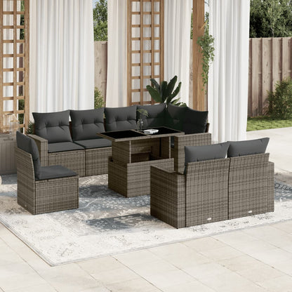 Salon de jardin 9 pcs avec coussins gris résine tressée