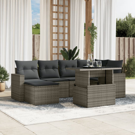 Salon de jardin avec coussins 7 pcs gris résine tressée