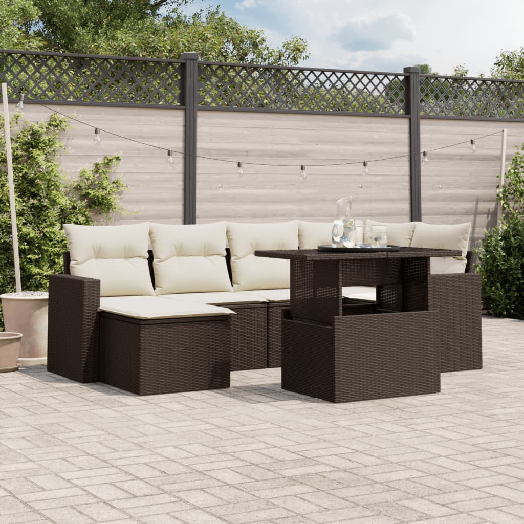 Salon de jardin avec coussins 7 pcs marron résine tressée