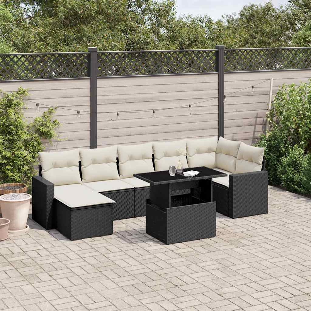 Salon de jardin 8 pcs avec coussins noir résine tressée