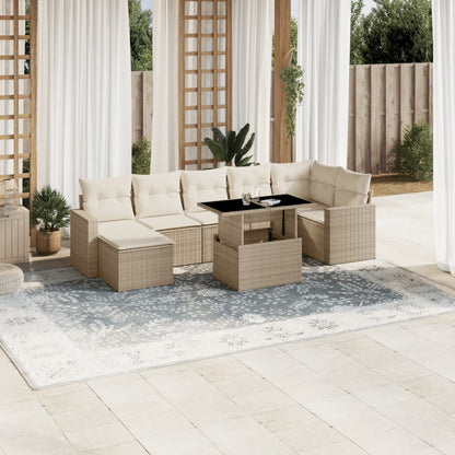 Salon de jardin avec coussins 8 pcs beige résine tressée