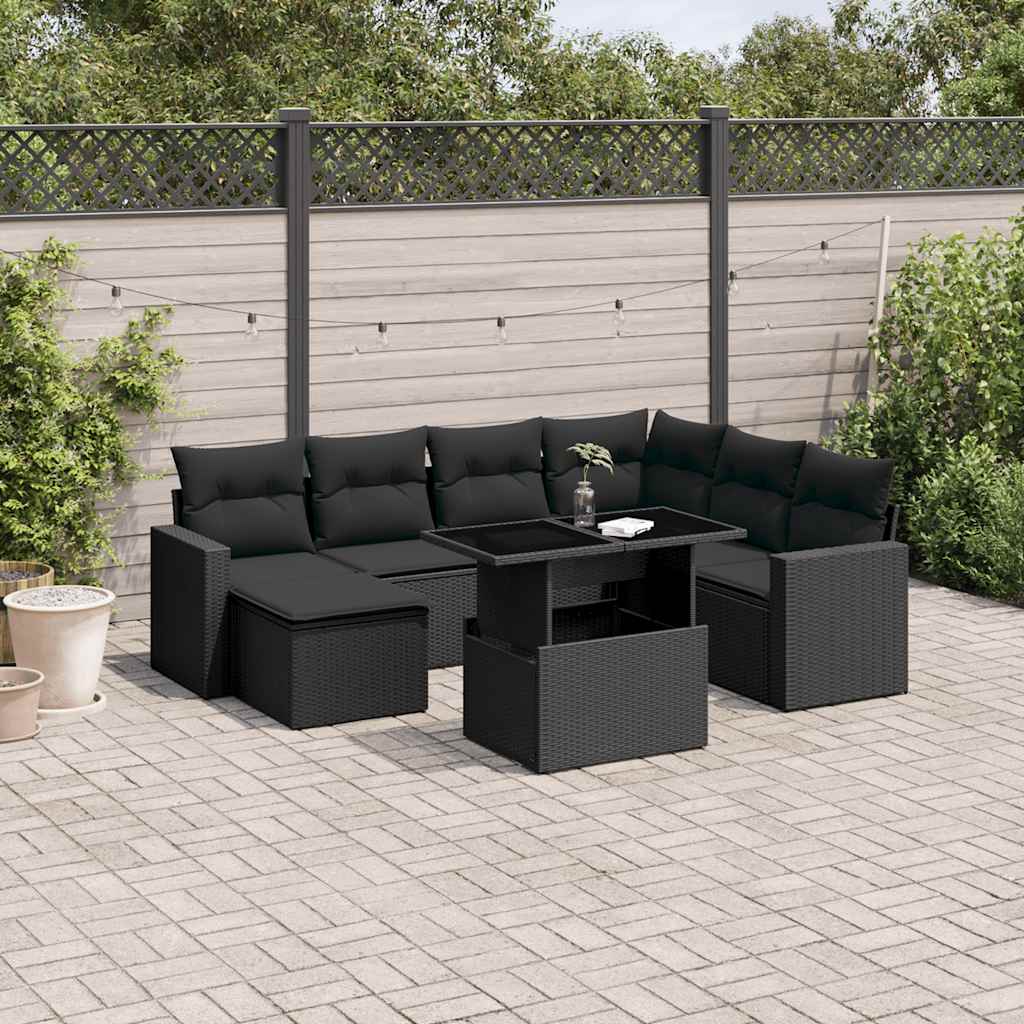 Salon de jardin 8 pcs avec coussins noir résine tressée