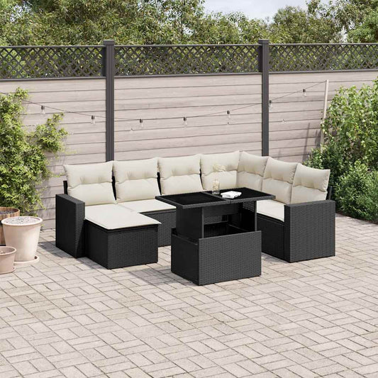 Salon de jardin 8 pcs avec coussins noir résine tressée