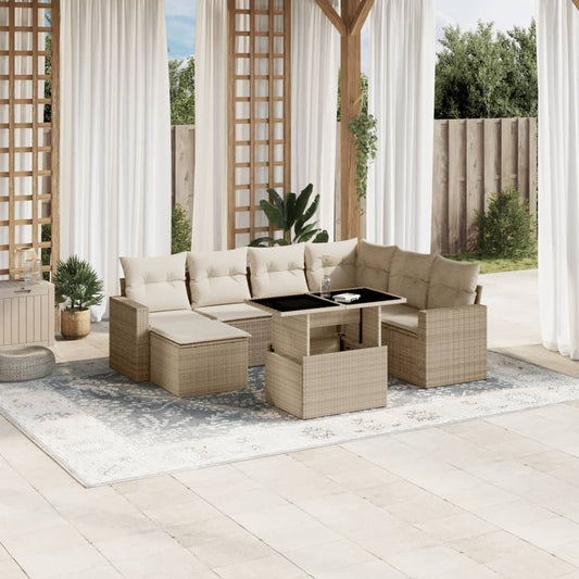 Salon de jardin avec coussins 8 pcs beige résine tressée