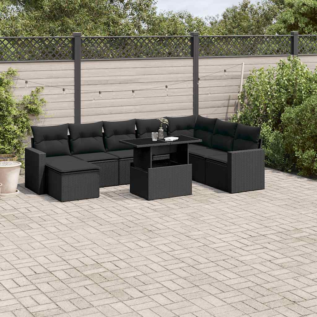 Salon de jardin 9 pcs avec coussins noir résine tressée