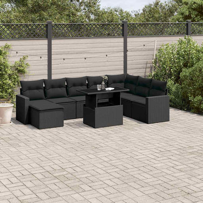 Salon de jardin 9 pcs avec coussins noir résine tressée