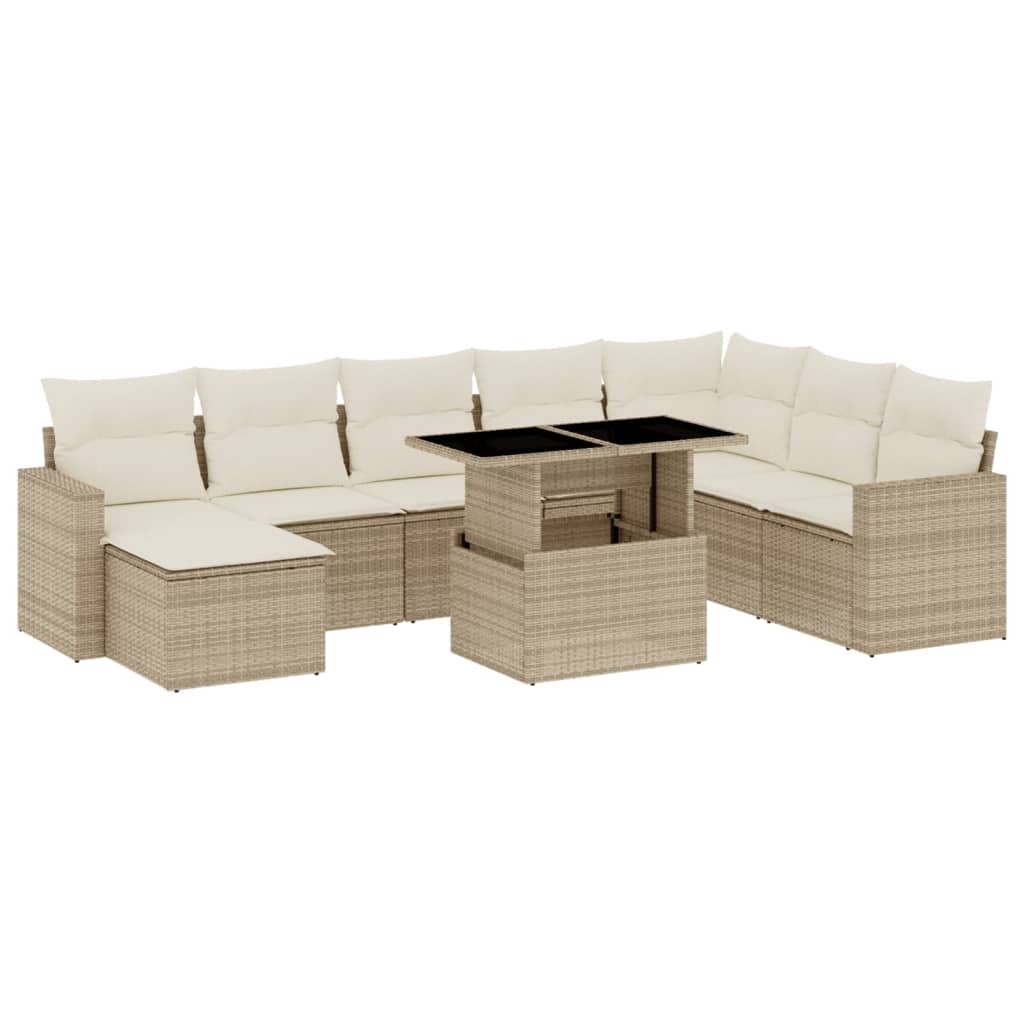 Salon de jardin avec coussins 9 pcs beige résine tressée