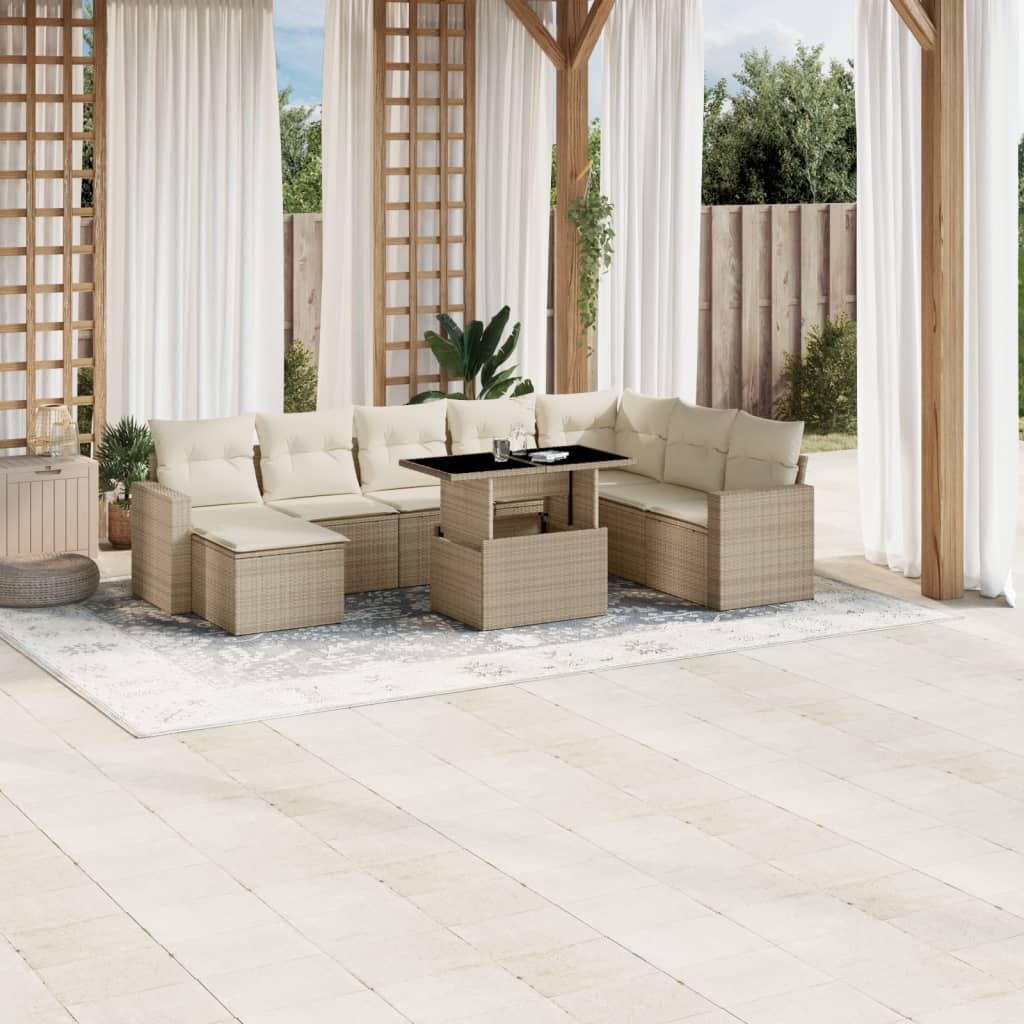 Salon de jardin avec coussins 9 pcs beige résine tressée