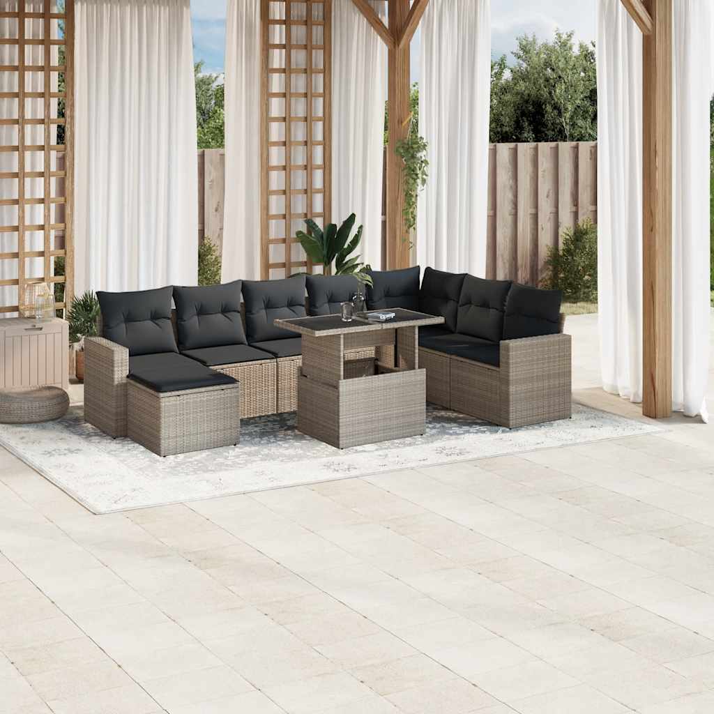 Salon de jardin 9 pcs avec coussins gris clair résine tressée