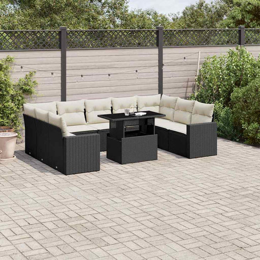 Salon de jardin 10 pcs avec coussins noir résine tressée