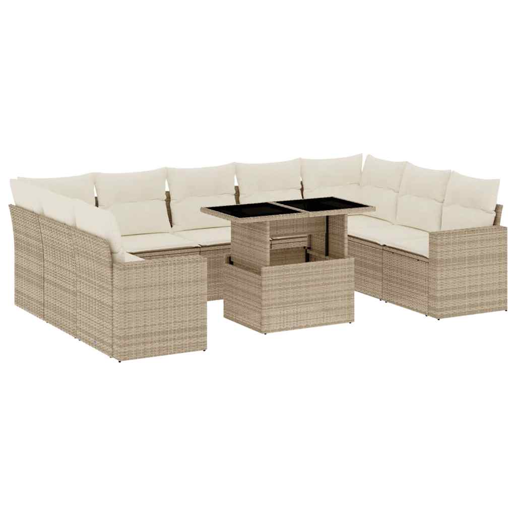 Salon de jardin avec coussins 10 pcs beige résine tressée