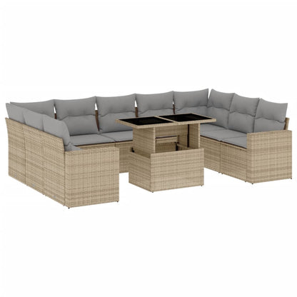 Salon de jardin avec coussins 10 pcs beige résine tressée