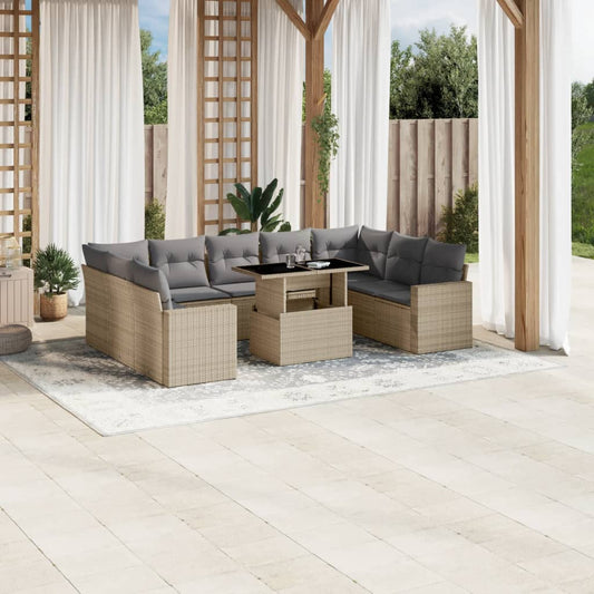 Salon de jardin avec coussins 10 pcs beige résine tressée