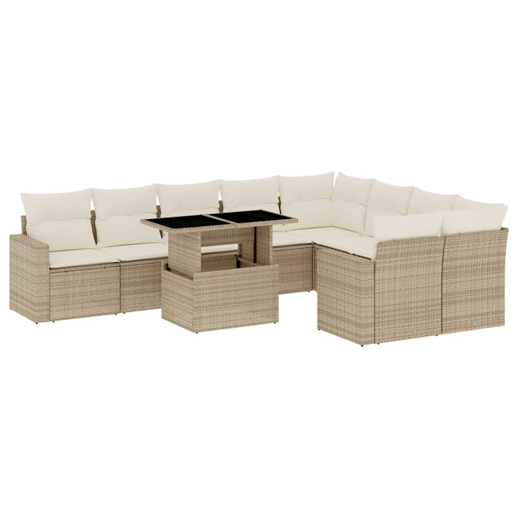 Salon de jardin avec coussins 10 pcs beige résine tressée