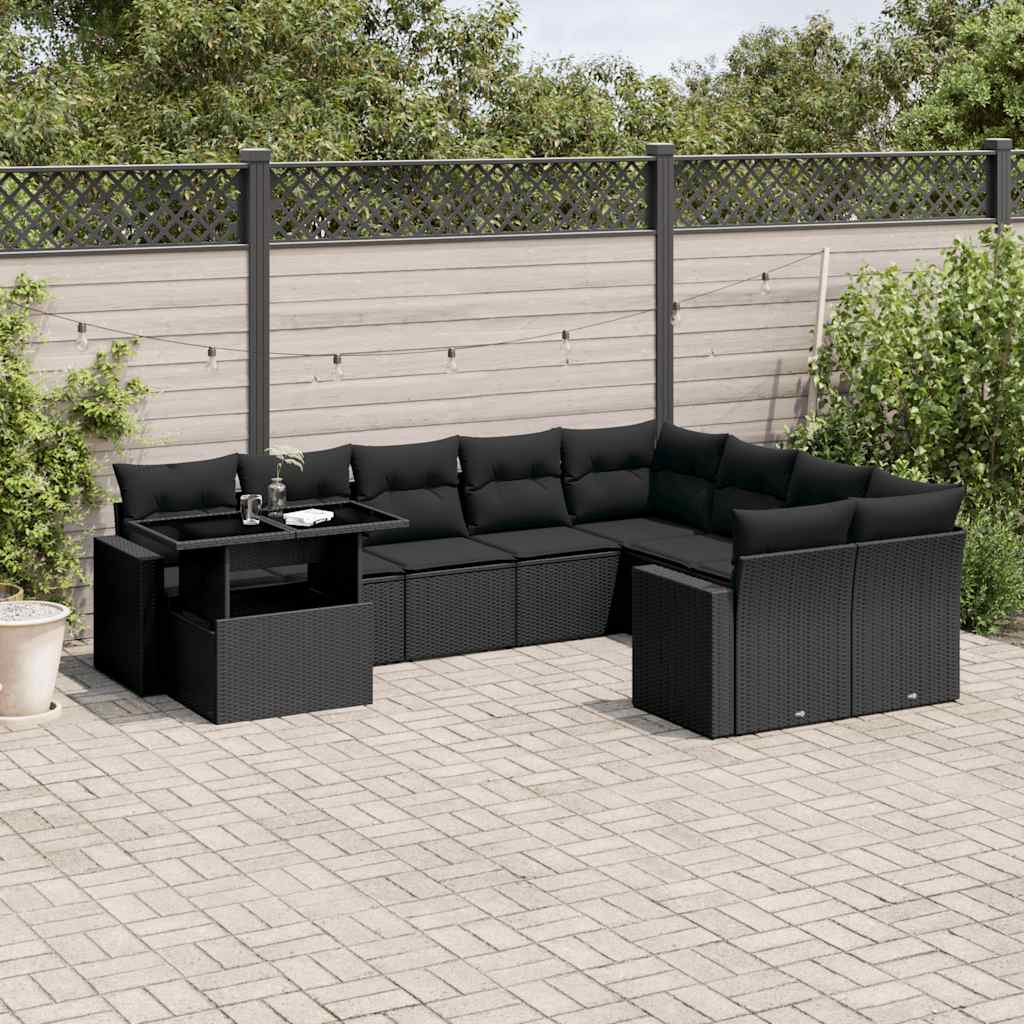 Salon de jardin 10 pcs avec coussins noir résine tressée