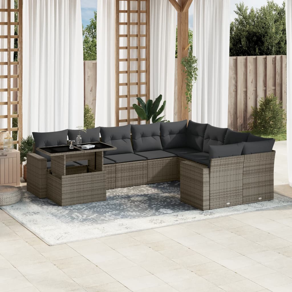 Salon de jardin avec coussins 10 pcs gris résine tressée