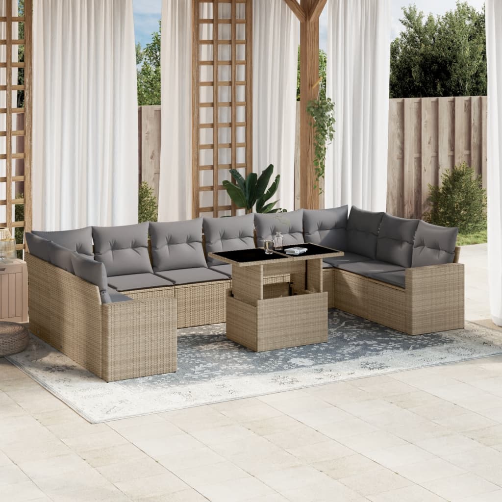 Salon de jardin 11 pcs avec coussins beige résine tressée