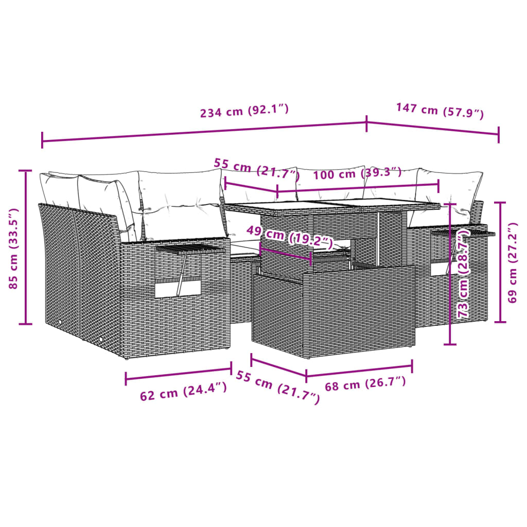 Salon de jardin avec coussins 7 pcs gris résine tressée