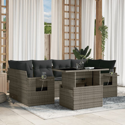 Salon de jardin avec coussins 7 pcs gris résine tressée