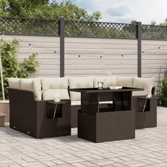 Salon de jardin avec coussins 7 pcs marron résine tressée