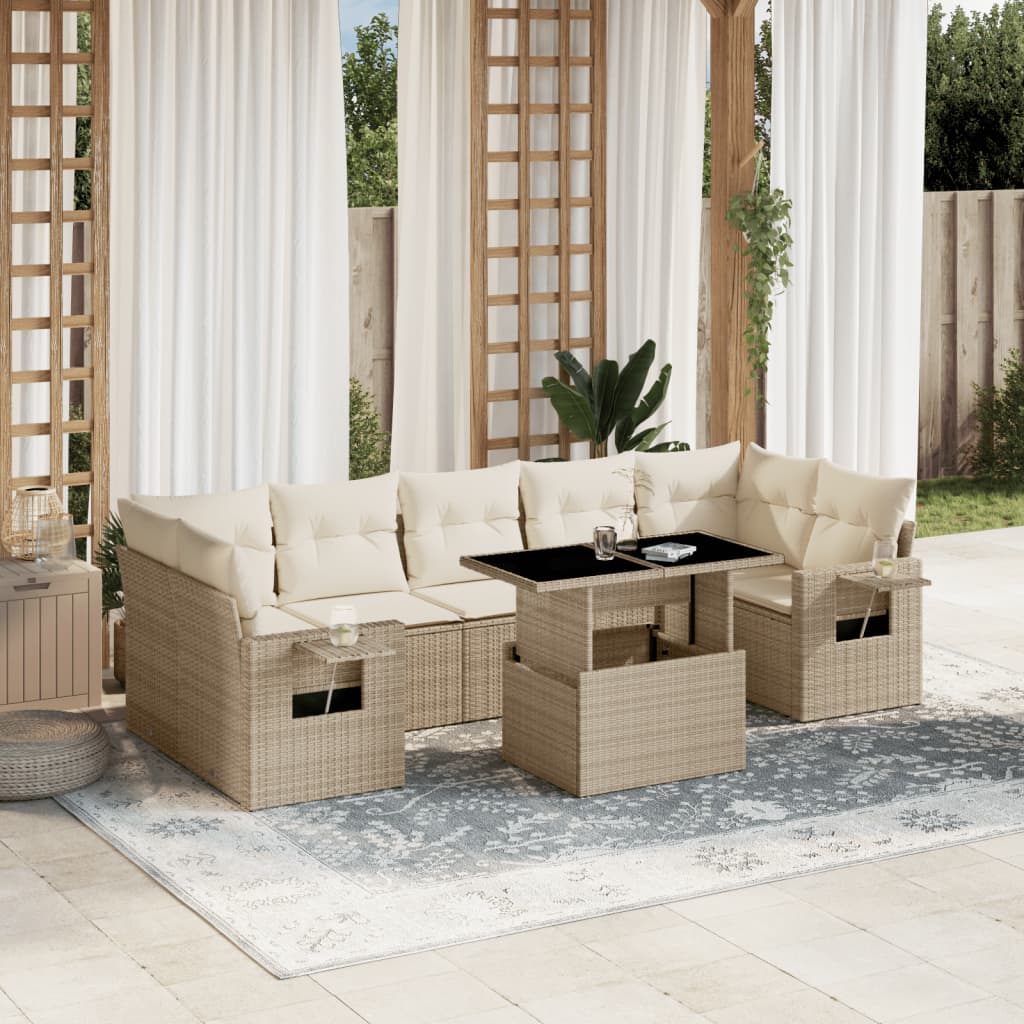 Salon de jardin avec coussins 8 pcs beige résine tressée