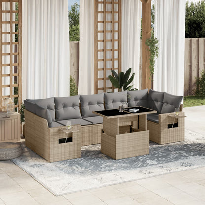 Salon de jardin avec coussins 8 pcs beige résine tressée