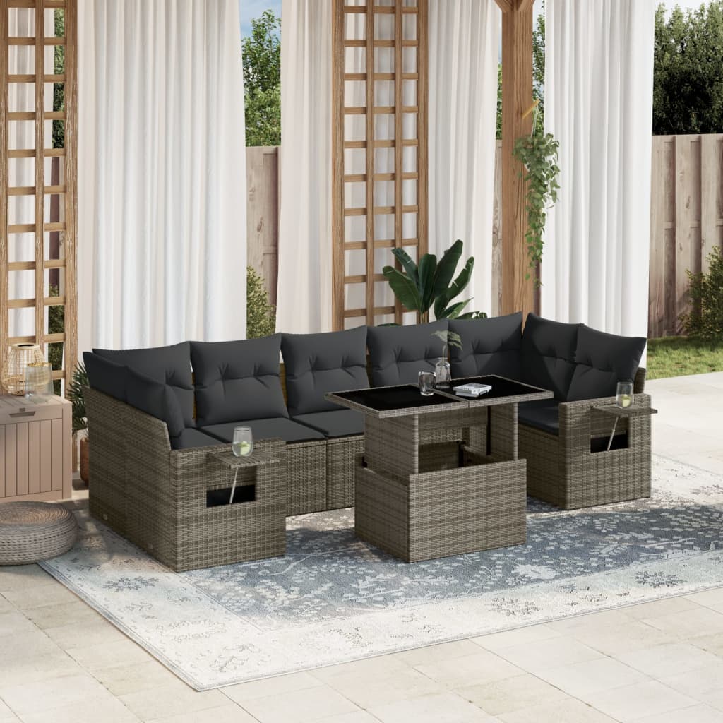 Salon de jardin 8 pcs avec coussins gris résine tressée