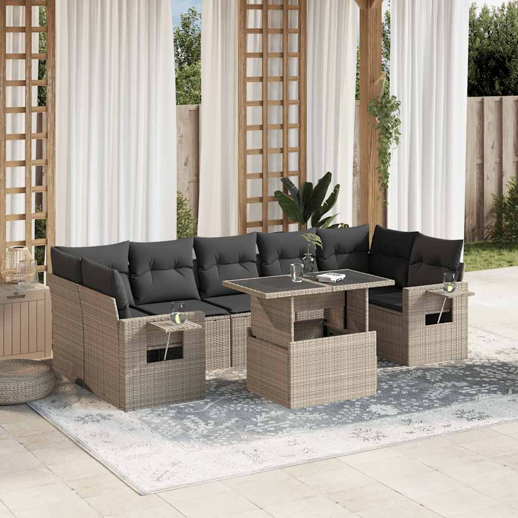 Salon de jardin 8 pcs avec coussins gris clair résine tressée