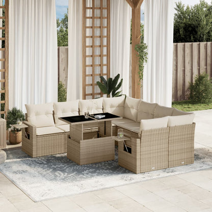 Salon de jardin avec coussins 9 pcs beige résine tressée