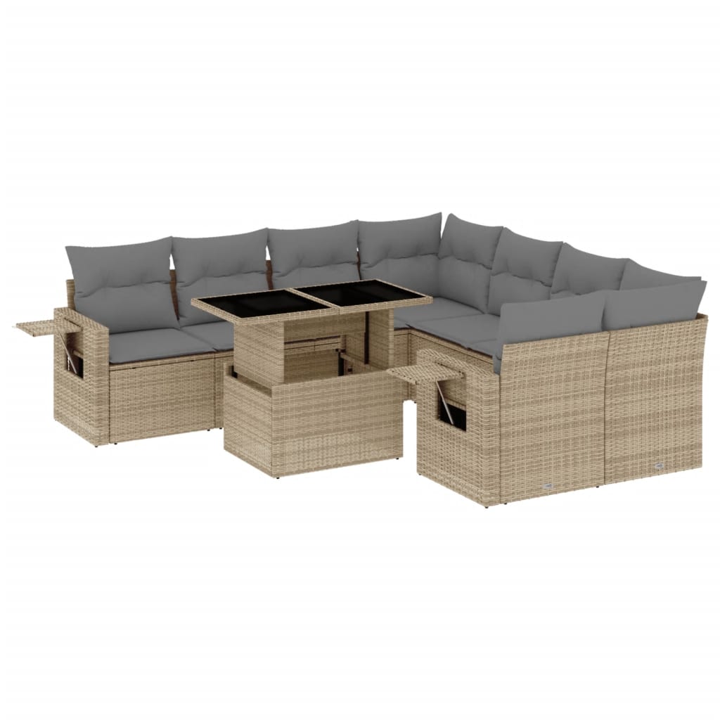 Salon de jardin avec coussins 9 pcs beige résine tressée