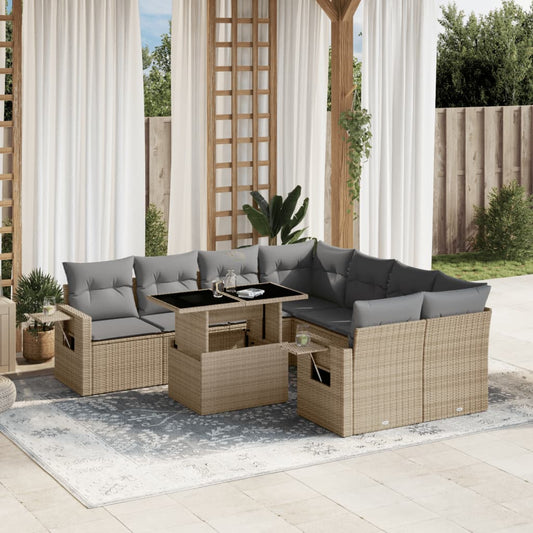 Salon de jardin avec coussins 9 pcs beige résine tressée