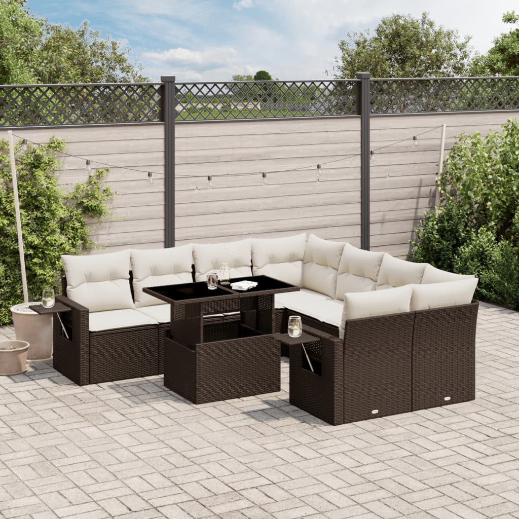 Salon de jardin avec coussins 9 pcs marron résine tressée