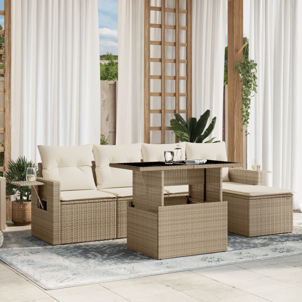 Salon de jardin avec coussins 6 pcs beige résine tressée