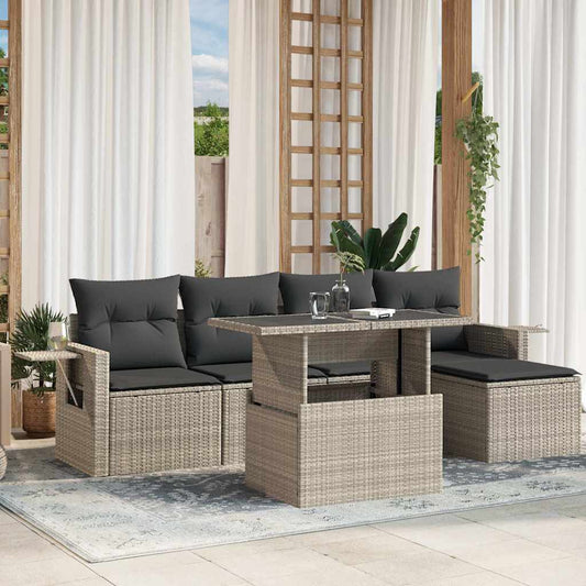 Salon de jardin 6 pcs avec coussins gris clair résine tressée