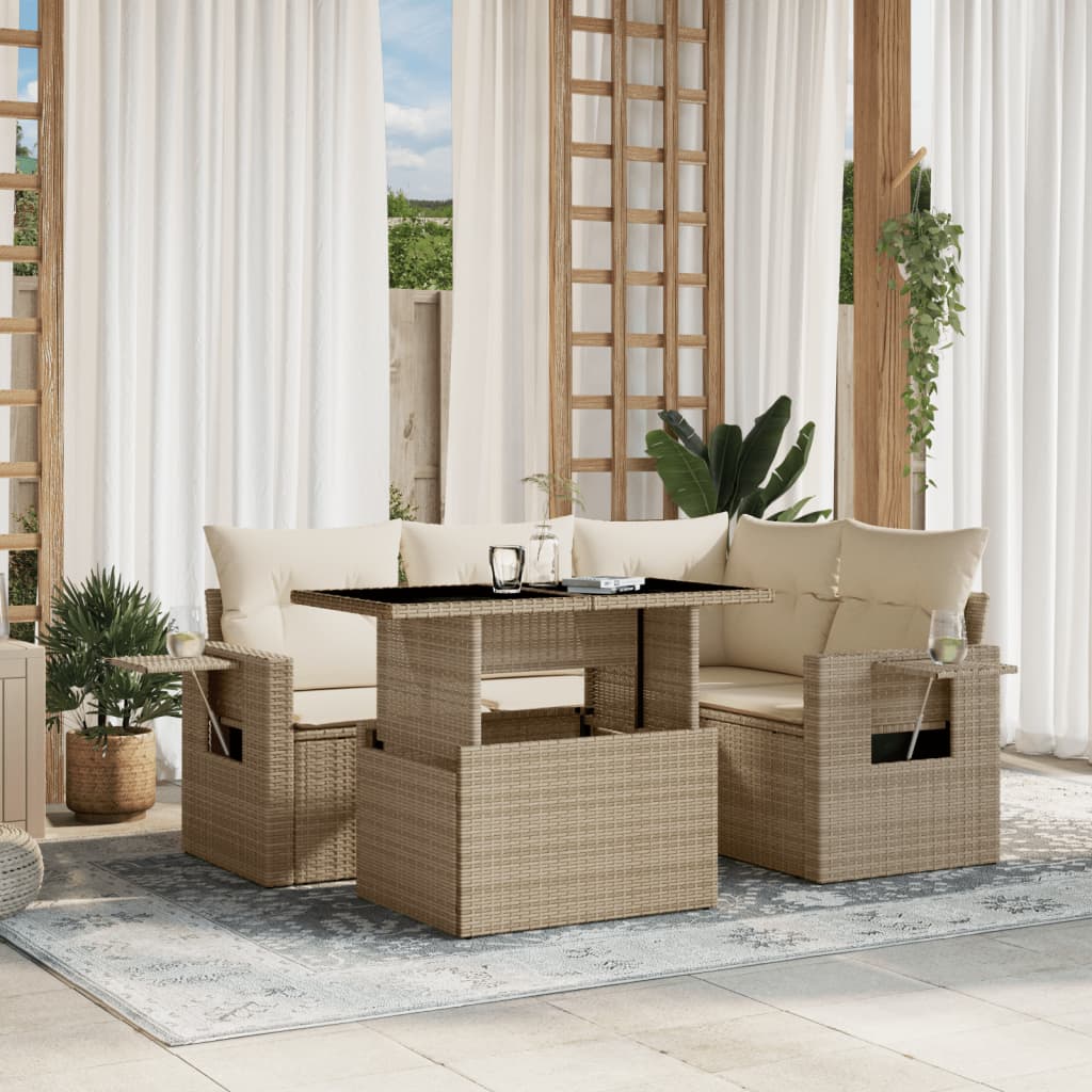 Salon de jardin avec coussins 5 pcs beige résine tressée